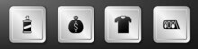 Set Paint Spray Can, Money Bag, T-shirt And Drum Machine Music Icon. Silver Square Button. Vector