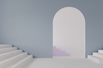 3D render empty blue wall with arch door and corridor with stairs, perspective of minimal design. Illustration