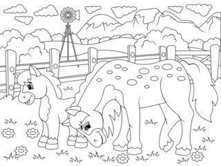 Stable, two horses graze in the agricultural yard, farm. Vector, page for printable children coloring book.