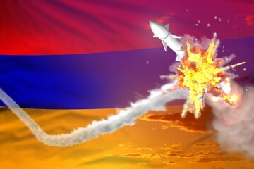 Strategic rocket destroyed in air, Armenia ballistic warhead protection concept - missile defense military industrial 3D illustration