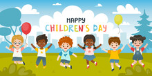 Children's Day Celebration Banner With Happy Kids Jumping In The City Park. Cartoon Children Playing Outdoors.