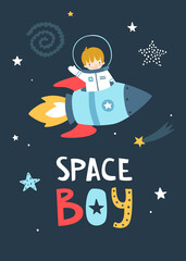Wall Mural - space poster with little astronaut flying on the rocket and lettering. cute cosmic print with baby b