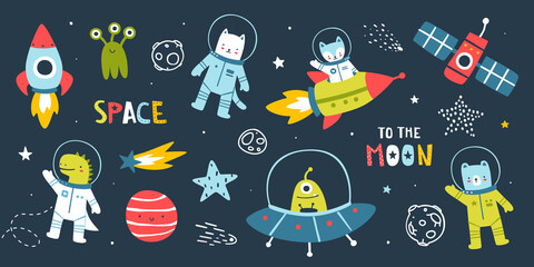 Wall Mural - set of animal astronauts in space and spaceships. cute bundle with cosmonauts. collection of doodle 