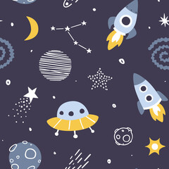 Wall Mural - cute outer space scandinavian pattern. cosmic vector seamless print for textile and fabric.