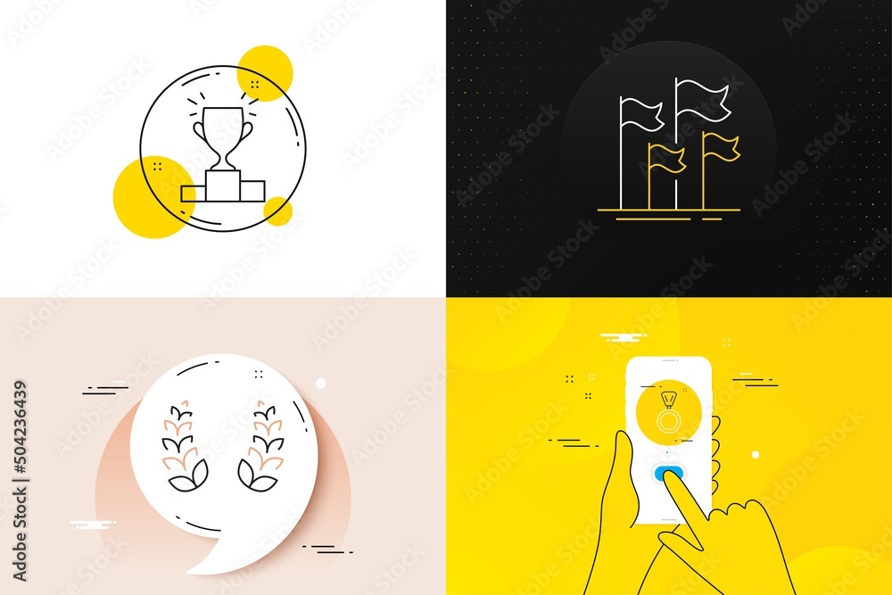 Minimal set of Winner podium, Laurel wreath and Medal line icons. Phone ...