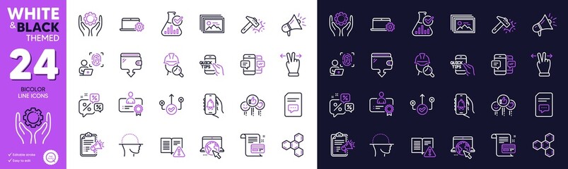 Bell alert, Megaphone checklist and Wallet line icons for website, printing. Collection of Discounts chat, Computer fingerprint, Hammer blow icons. Internet, Chemical formula. Vector