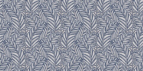 French blue botanical leaf linen seamless border with 2 tone country cottage style motif. Simple vintage rustic fabric textile effect. Primitive modern shabby chic kitchen cloth design.