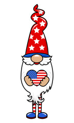 Wall Mural - Cute July 4th gnome with USA heart - hand drawn modern dwarf illustration. Perfect for advertising, poster, announcement or greeting card. Beautiful gnome in happy Independence Day costume.