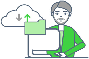 Wall Mural - man works with virtual cloud storage. program for saving information and personal data protection. v