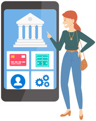Wall Mural - online banking application on phone screen. woman uses program for virtual payment and operations wi