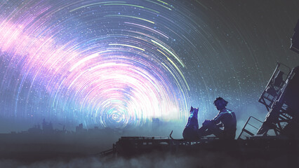 man and his pet in futuristic suit siting and looking at the star trail in the sky, digital art styl