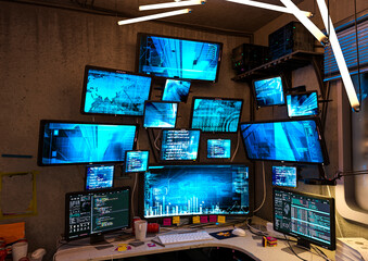 close up on workstation in the hacker room background