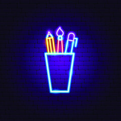 Poster - Office Supplies Neon Sign. Vector Illustration of Pen Pencil Promotion.