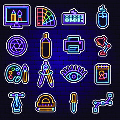 Wall Mural - Designer Neon Stickers. Vector Illustration of Graphics Promotion.