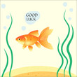 Golden fish for good luck and execution of desire with algae in aquarium. Vector illustration
