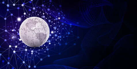 Wall Mural - the world in digital era is connected concept, earth jigsaw puzzle with world map on digital line ar