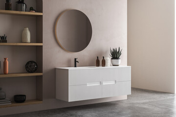 Modern bathroom interior with beige and white walls, basin with mirror, shelf and grey concrete floor. 3D rendering