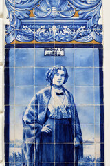 Wall Mural - detail of an aristocrat on a panel of azulejos tiles on the facade of old railways station in Aveiro, Portugal	
