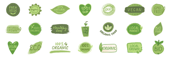Leinwandbilder - Organic certified icon set. Vegan healthy food logo. Farm fresh label. Nature vegetarian badge. Eco fiendly, bio product. Circle tag. Green leaf emblem. Quality symbol.Gluten free.Vector illustration