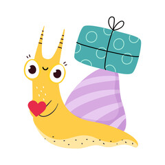 Sticker - Cute Snail Character with Shell Carrying Gift Box on Its Back Vector Illustration