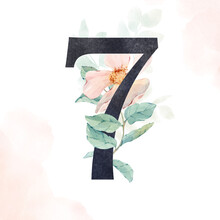 Textured Black Number Seven Decorated With Delicate Pink Flowers And Light Green Leaves. The Illustrations Are Hand Drawn In Watercolor, Isolated On A White Background. For Cards And Invitations.