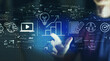 © Tierney - Content marketing concept with young man touching a digital screen at night