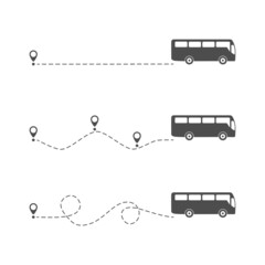 Wall Mural - bus icon with line start point set. bus driving on dotted route with map pin. vector isolated on whi