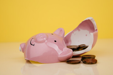 Broken piggy bank with coins close-up