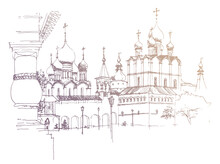 Vector Traced Ink And Pen Hand Drawn Landscape With Architectural Ensemble Of The Rostov Kremlin, Russia. Gold Colored Sketch On A White Background