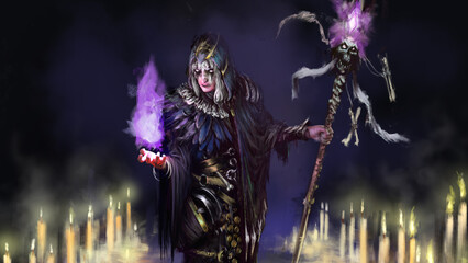 The sorcerer performs a dark ritual, candles around him, a staff with a skull in his hand, he is wearing a mantle with feathers and amulets. Digital drawing style, 2D Illustration