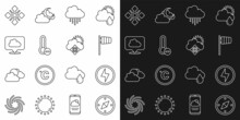 Set Line Compass, Lightning Bolt, Cone Windsock Wind Vane, Cloud With Rain, Meteorology Thermometer, Location Cloud, Snowflake And Snow And Sun Icon. Vector