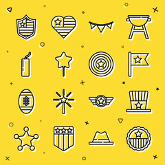 Sticker - Set line Medal with star, Patriotic American top hat, flag, Carnival garland flags, Balloon, Dynamite bomb, Shield stars and shield icon. Vector