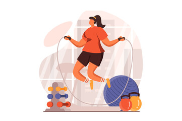 Aufkleber - Fitness web concept in flat design. Woman in uniform does cardio workout and jumps on skipping rope in sports club. Sportswoman training and exercising in gym. Vector illustration with people scene