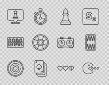 Set Line Checker Game Chips, Pacman With Eat, Chess, Playing Cards, Casino, Hearts For And Backgammon Board Icon. Vector