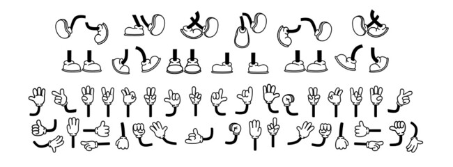 vintage cartoon hands in gloves and feet in shoes. cute animation character body parts. comics arm g