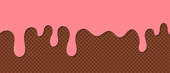 Strawberry ice cream melted on waffle background. Сream melted on waffle background. Sweet ice cream flowing down on cone. Vector Illustration