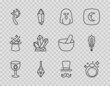 © Kostiantyn - Set line Medieval goblet, Magic stone ring, Ghost, Wooden axe, Magician and sword fire icon. Vector