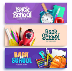Back to school vector banner set. Back to school text with rocket, clock and backpack educational elements for kids educational knowledge study design. Vector illustration.
