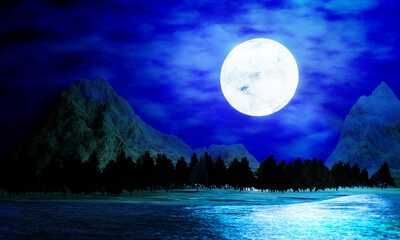 Wall Mural - Wide grasslands with pine trees and mountains alternate in background. Full moon night bright stars are filling the sky. Night mountain scenery with fireflies flying above the ground. 3D Rendering