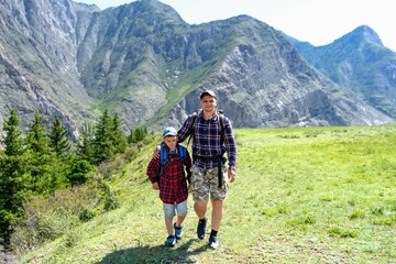 Poster - Father and son hiking in the mountains