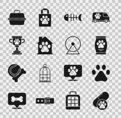 Canvas Print - Set Dog pill, Paw print, Bag of food, Fish skeleton, Pet house, award, carry case and Hamster wheel icon. Vector