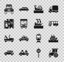 Set Tractor, Cruise Ship, Bus, Cargo With Boxes, Delivery Cargo Truck, Broken Road, And Sailboat Icon. Vector