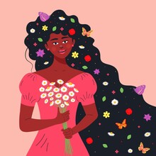 Beautiful African Girl With Bouquet Of Chamomiles. Flowers, Leaves And Butterflies In Her Hair. Hello Summer, Female Beauty, Feminism Concept.