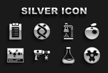 Set Transfer liquid gun, Genetically modified apple, Biohazard symbol, Test tube and flask, Chemical formula, on fire, Clinical record and DNA icon. Vector