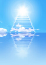 地平線から太陽へ架かる雲のはしごのイラスト