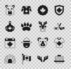 Wall Mural - Set Stack of pancakes, Hockey jersey, Ice hockey sticks, Canadian maple leaf, Bear paw footprint, Bottle syrup, Beaver animal and Deer head with antlers icon. Vector