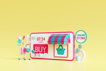 Wall Mural - shopping on line application. shopping on mobile. online store on website. mobile application. 3d re