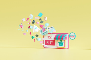 Wall Mural - shopping on line application. shopping on mobile. online store on website. mobile application. 3d re