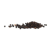 Whole Black Pepper Spice Or Piper Nigrum Dried Berries Isolated On White Background.
