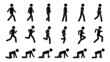 Stick man walk. Black animation kit of walking running and crawling simple human silhouette icons. Vector pedestrian run and walk sequence